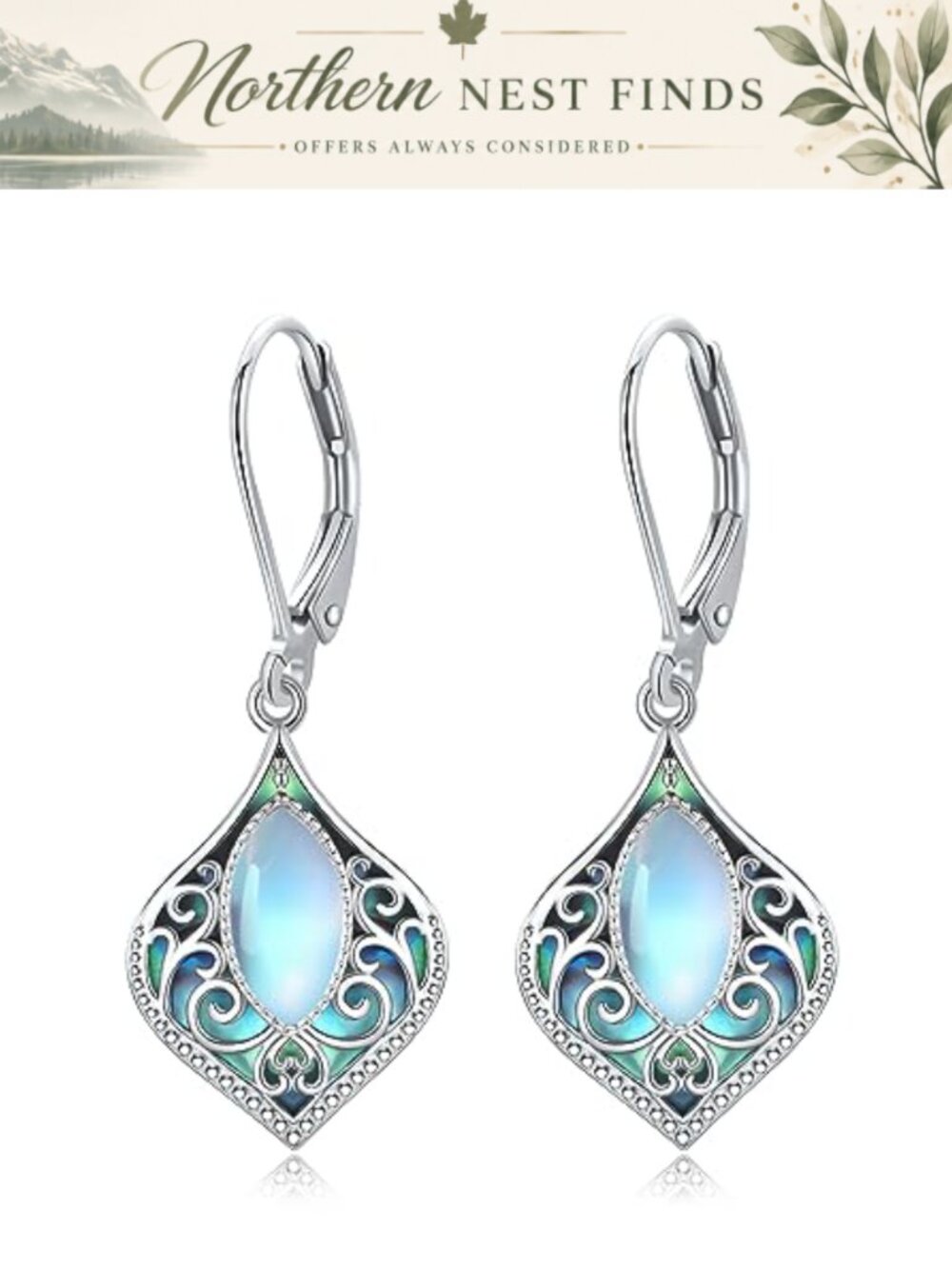 925 Sterling Silver Moonstone Abalone Shell Drop Dangle Earrings